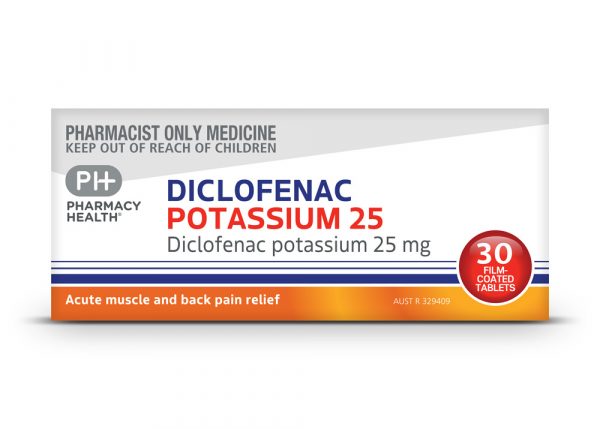 DICLOFENAC POTASSIUM 25 TABLETS Pharmacy Health   Diclofenac Potassium 25 30 Tabs 600x429 